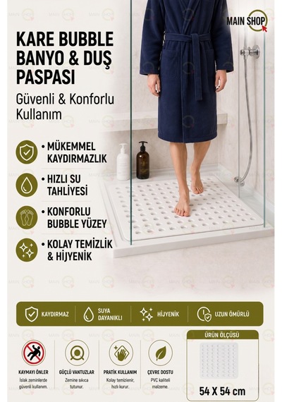 Mainshop Kare Bubble Banyo Ve Duş Paspası - 54 X 54 Cm Beyaz Kaymaz Mat M-149