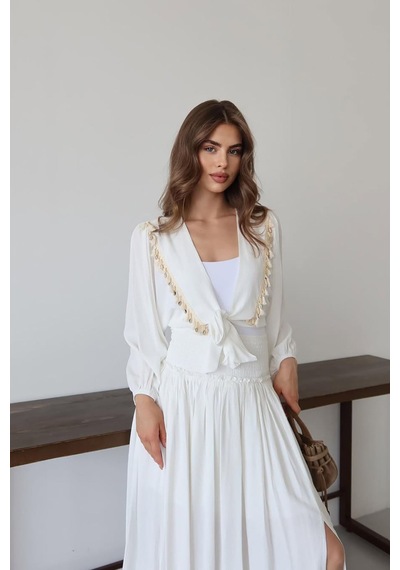 Neşeli Butik Kadın Püskül Detaylı Yırtmaçlı Bohem Takım Nbnp015 beyaz