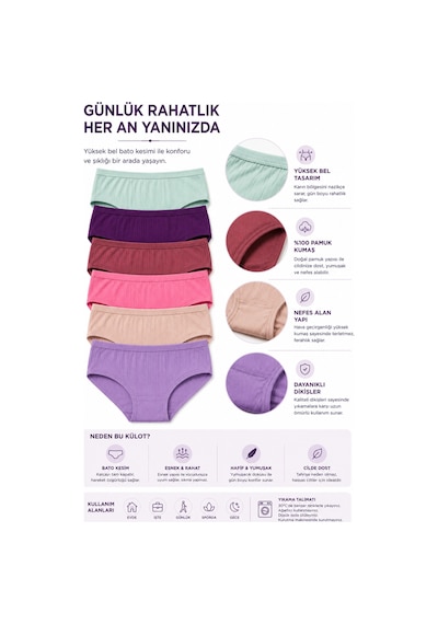 Westicgiyim Kadın Bato Külot 6 Lı Paket %100 Pamuk Çizgili Ribana Yüksek Bel Rahat Esnek Külot çok Renkli