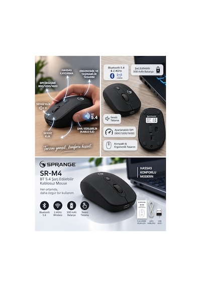 Sprange Sessiz Tık Şarj Edilebilir Kablosuz Mouse - Bluetooth 5.4 & 2.4ghz Çift Modlu Mouse Sr-m4 Siyah