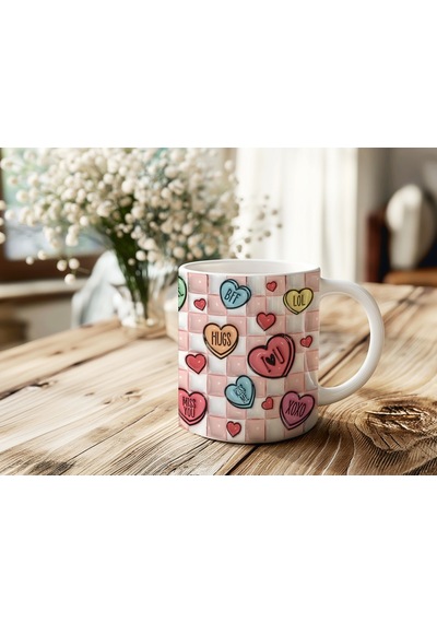 3d Görünümlü Kalpli Ve Kareli Kupa Bardak Romantik Pembe Tasarım Kabartmasız Beyaz