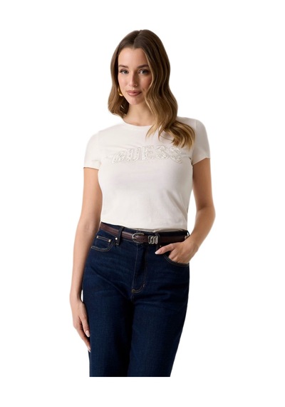 Guess W5gı04j1314j1314 Cn Ss Logo Lace Tee Kadın Tişört Beyaz