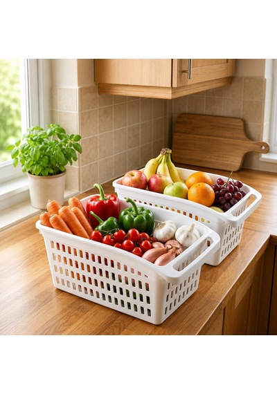 Tr 2'li Beyaz Plastik Organizer Sepet, 30x17x15 Cm Kulplu Dolap İçi Düzenleyici, Mutfak Buzdolabı Raf Sepeti, Sebze, Genel
