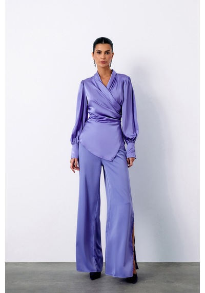 Sateen Broşlu Kruvaze Bluz - Lila-135118 Lila