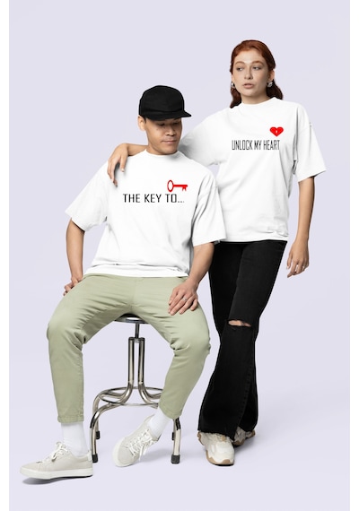 Nevermind Unisex Çift Erkek Kadın Tişört 2li Set Takım The Key To Baskılı Sevgili Kombini Beyaz