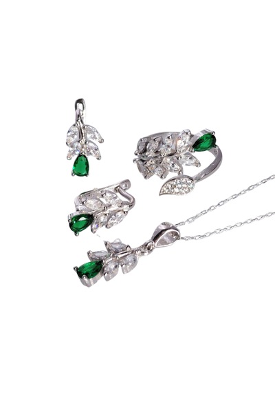 925 Ayar Gümüş Garnet Yeşil Yaprak Tasarım Kolye Küpe Yüzük Kadın Set Gümüş