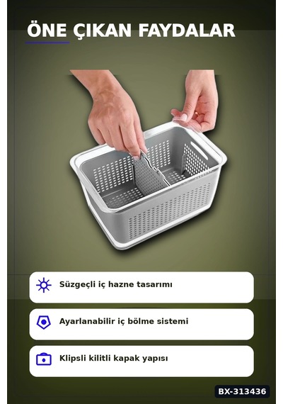 Bölmeli Süzgeçli 3 Parça Buzdolabı Organizer Seti 2.5-5-9 Litre Kilitli Kapak Bx-313436 Diğer