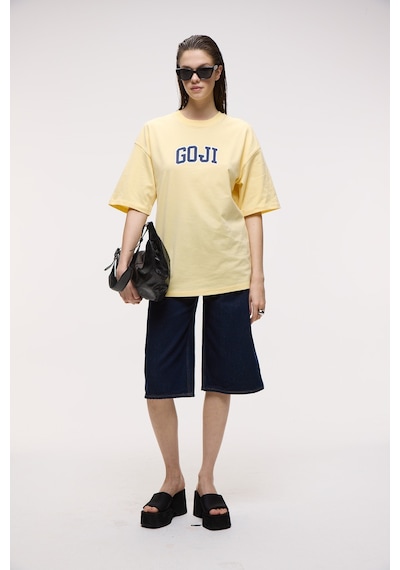 ETHIQUET GOJI Kadın %100 Pamuk Baskılı Oversize Fit Bisiklet Yaka Kısa Kollu Sarı T-Shirt