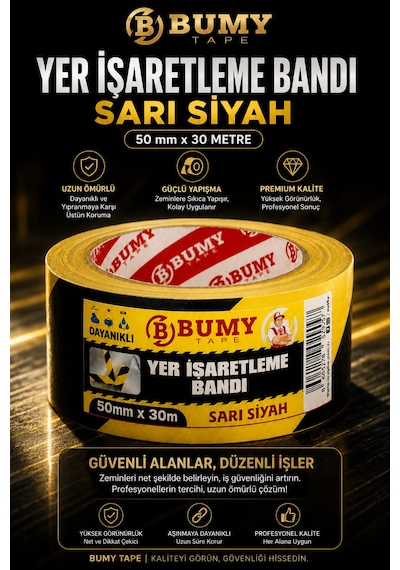 Yer İşaretleme Bandı Sarı Siyah 50 Mm X 30 Metre Pvc Zemin Uyarı Şerit Bantı Bantları