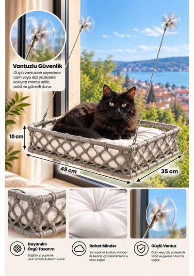 Reyo Tasaryum El İşçiliği Bohem Makrome Kedi Ve Küçük Köpek Cam Hamak Yatağı Güçlü Vantuzlu, Minderli - Antrasit