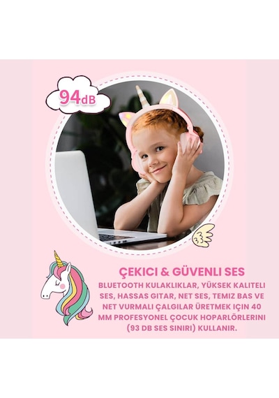 Polham Unicorn 94DB Kulak Pedli Bluetooth 5.3 Kulak Üstü Çocuk Kulaklığı