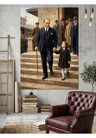 Merdivenlerde El Ele Atatürk Ve Kız Çocuğu Dekoratif Kanvas - Mdf Ahşap Tablo Çok Renkli