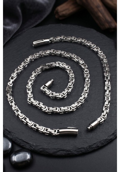Paslanmaz Çelik Kral Model Erkek Kolye Zincir Ve Bileklik Set 6mm 902928 Gümüş