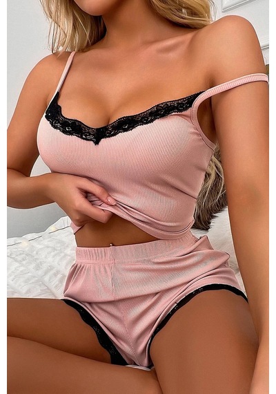 Ang Butik Kadın Pembe Alt Ve Üst Dantel Detaylı Şortlu Gecelik Takımı