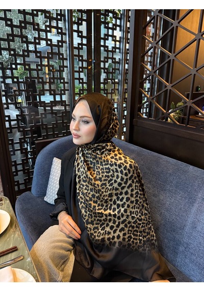 Miorel Scarfs Leopar Desen Vual İpek Şal Fular Silk Scarfs Shawl Hijab Siyah