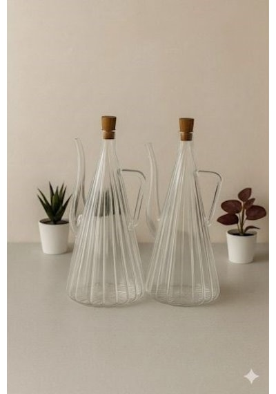 Qerhome Borosilikat Cam 2'li Glazzy Çizgili Tasarım Yağlık & Sosluk 750 Ml Stantsız Şeffaf