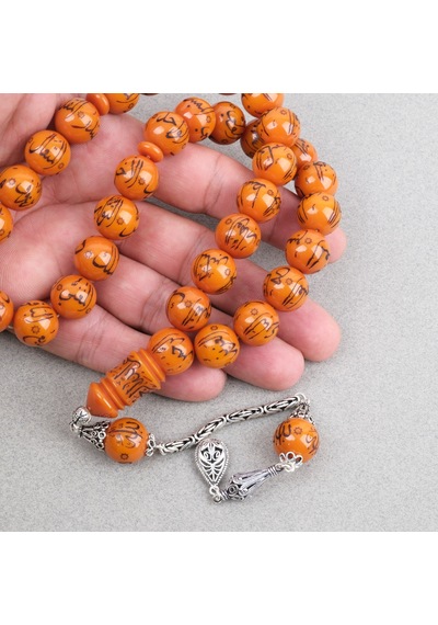 Sıkma Kehribar Allah Cc 99 İsmi Yazılı 925ayar Gümüş Püsküllü Küre Kesim 14mm Tesbih Turuncu