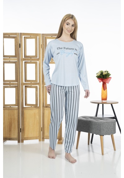 Estiva 24118 Kadın Çizgili Uzun Kollu Yazlık Viskon Pijama Takımı 001