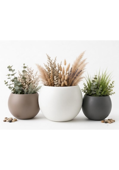 Zevli Japandi Tarzı Modern Küre Saksı 3'lü Set - Su Sızdırmaz Dekoratif Salon Ve Balkon Saksısı Hediyelik Çiçeklik Seti Mermer Beyazı, Antrasit Ve Mocha, Bir Büyük İki Orta 001