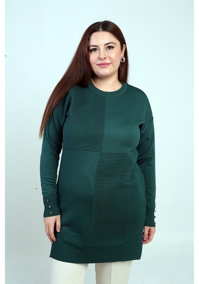 By Saygı Kadın Kolları Düğme Detaylı Büyük Beden Tunik Bluz Zümrüt