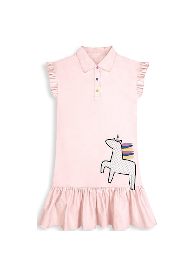 Kız Çocuk Elbise Unicorn Aplikeli %100 Pamuk Gömlek Stil Elbise 4-9 Yaş