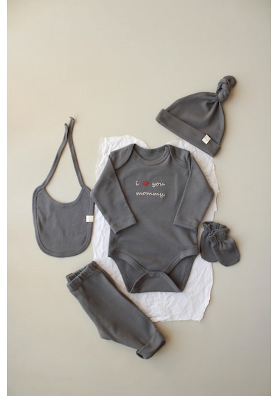 Oh Lala Koala Mom Nakışlı 5li Uzun Kollu Yenidoğan Set Gri