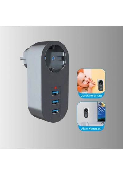 2500w Termal Akım Korumalı Çok Amaçlı Priz 3 Usb Hızlı Şarj Çıkışlı Diğer