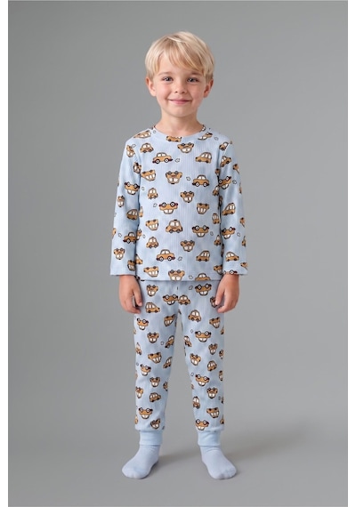 Defacto Araba Desenli Fitilli Kaşkorse 2li Pijama Takımı Erkek Bebek I1432a526aube343 Mavi-be343