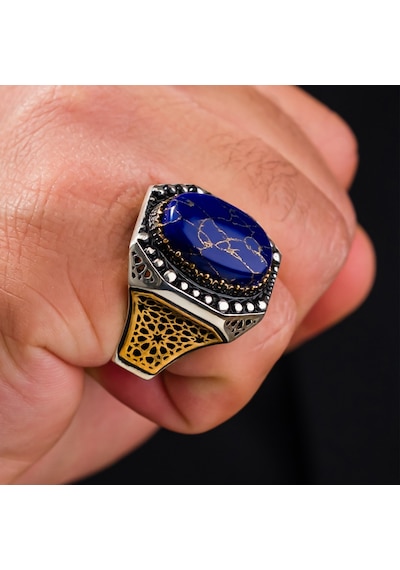 Lapis Lazuli Taşlı Geniş Kasa 925 Ayar Gümüş Erkek Yüzük Gümüş