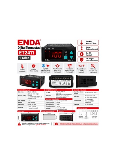 Enda -60...+150 Derece Dijital Termostad 1no-1nc Kontaklı 220 Volt Ntc Prop Uyumu Prop Dahil Değil