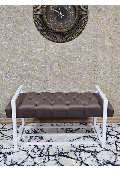 Zafir Beyaz Boyalı Metal 80 Cm Puf Bench - Antre Puf - Hol Bench - Puf - Oturak - Bench Kahverengi