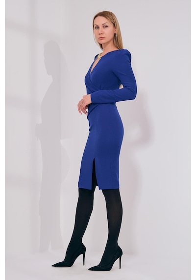 Explosion Midi Abiye Elbise - Uzun Kol V Yaka Minimalist Saks