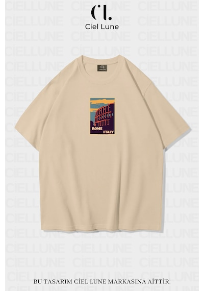 Nevermind Unisex Kadın Erkek Rome İtaly Baskılı Özel Tasarım Oversize T-sh Bej