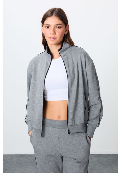 Tommy Life Gri Melanj Kompakt Pamuklu Kalın Pürüzsüz Dokulu Dik Yaka Oversize Fit Kadın Eşofman Takım - 95340 GRİ MELANJ