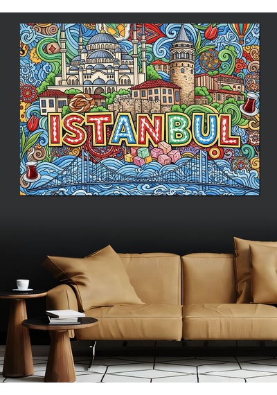 Ahşap Tablo Renkli İstanbul Yazılı Şehir Kolajı
