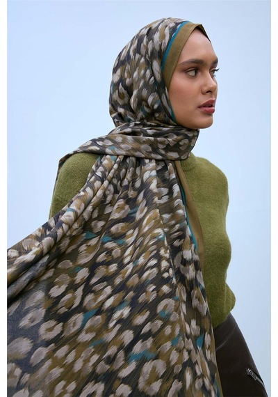 Silk Home Eco Viscose Şal Kına Yeşili Turkuaz Vizon Leopar Desenli Nefes Alan 90x200 Çok Renkli