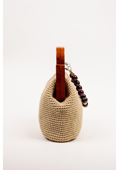 Fabric Craft Bag El Çantası Örgü Floş İplik Ahşap Saplı Açık Bej