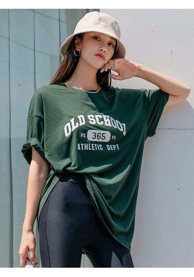 Flood Of Style Kadın Yeşil School Baskılı Bisiklet Yaka Tshirt