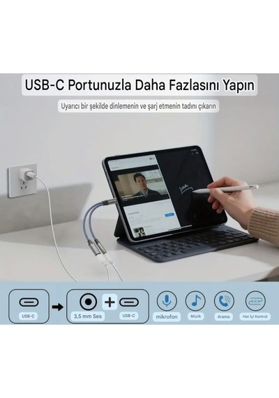 Sunkandı 2'si 1 Arada Type-c To 3.5mm+60w Hızlı Şarj Ve Kulaklık Çevirici Dac Çip+hi-fi Ses Teknolojisi Ce Lisanslı Sertifikalı Hasır Örgülü Sağlam Kablo Gri