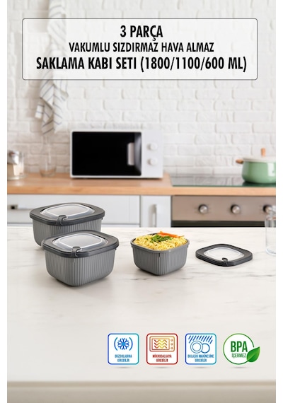 Kare 3 Parça Vakumlu Sızdırmaz Hava Almaz Saklama Kabı Seti Füme 1800/1100/600 Ml Karisik