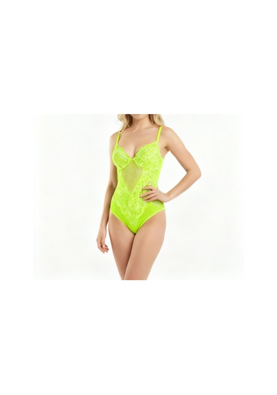 Kadın Dantelli Transparan Body Suit Bb2141 Neon Sarı