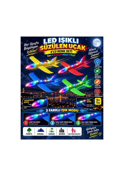 4 Lü Led Işıklı Köpük Uçak Seti Sarı, Kırmızı, Mavi & Yeşil Hafif Dayanıklı Fırlatma Uçağı Açık Hava Oyuncağı - 922589726