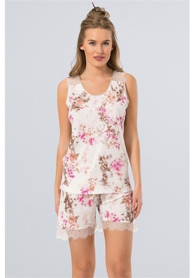 Türen 3266 Çiçekli Şort Takım Pijama Takımı - Kahve Kahve