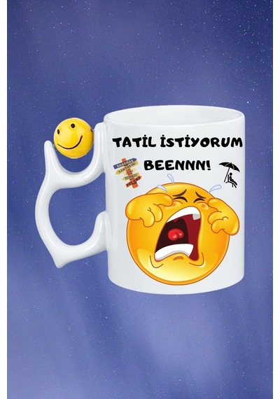 Tatil İstiyorum Ağlayan Emoji Baskılı Smile Emoji Toplu Kupa Bardak Çay Kahve Fincanı Beyaz