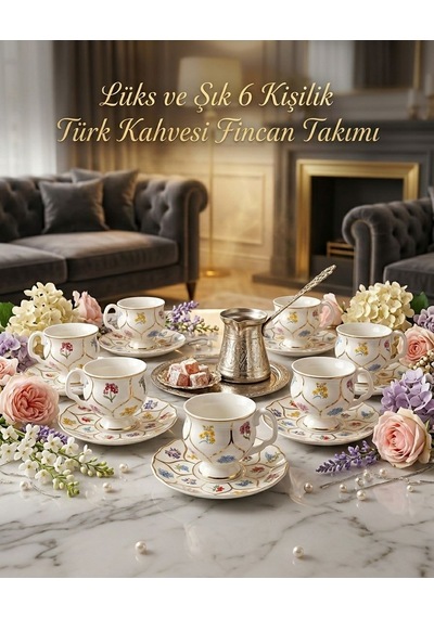 6'lı Gold Detaylı Çiçekli Fincan Takımı- Mien 6 Kişilik Gold Çiçekli Türk Kahvesi Seti Sarı - Çok Renkli