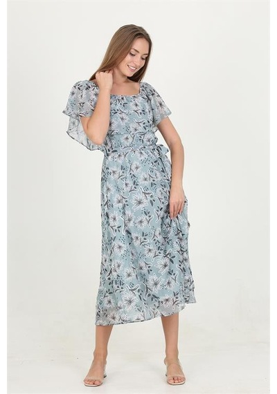 Neşeli Butik Kadın Madonna Yaka Kuşaklı Desenli Şifon Elbise Ry10037 Mint