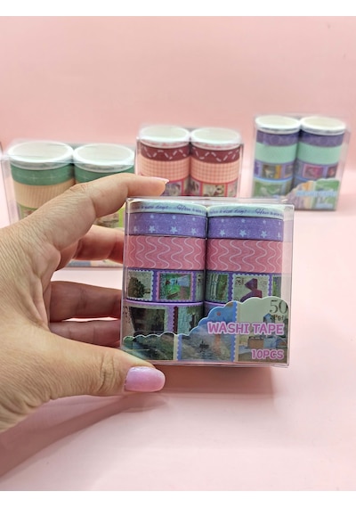 Vintage Washi Tape Bant Baskılı Yapışkanlı Maskeleme Kağıdı Desenli Bant 10'lu - Mor Pul Mektup 1