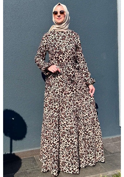 Rabia Şamlı Leopar Desenli Elbise Kahve Normal