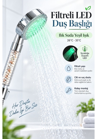 Sıcaklığa Duyarlı Led'li Arıtmalı Duş Başlığı Krom