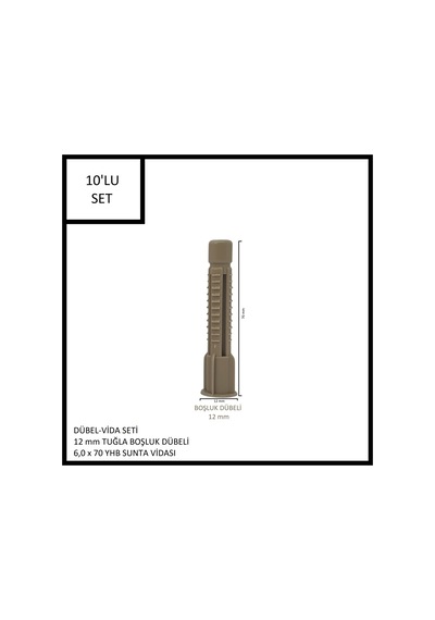 Dübel-vida Seti, Tuğla Boşluk Dübeli 12 Mm, 6,0x70 Yhb Sunta Vidası, 10 Adet
